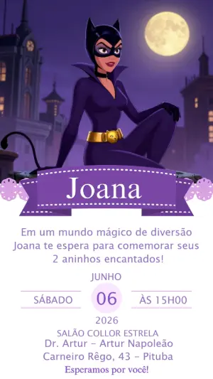 Convite de Aniversário Mulher-Gato Roxo para Editar Online