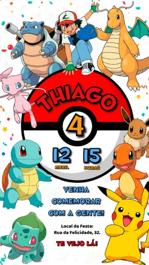 Convite de Aniversário Pokémon Colorido para Editar