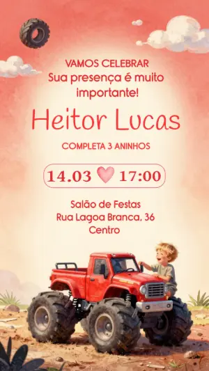 Convite de Aniversário Monster Truck Vermelho para Editar