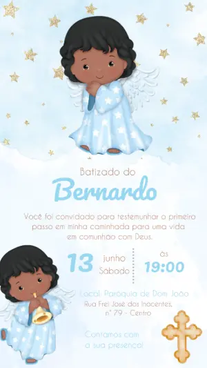 Convite de Batizado Menino Anjinho Negro para Editar