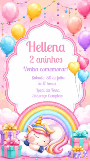 Convite de Aniversário Unicórnio Fofo para Editar
