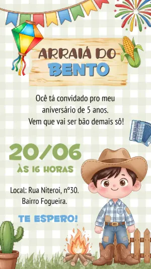 Convite de Aniversário Festa Junina Menino Caipira Editável