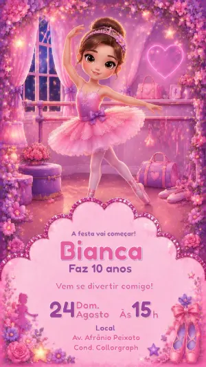 Convite Digital de Aniversário Bailarina Rosa e Lilás Editável