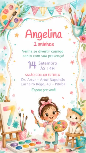 Convite de Aniversário Pintando o Sete Aquarela Editável