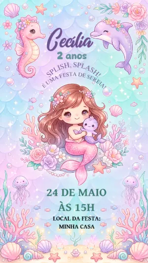 Convite Digital Sereia Infantil Aquarela para Editar