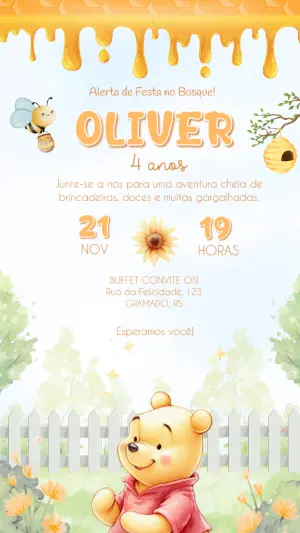 Convite de Aniversário Ursinho Pooh Aquarela para Editar
