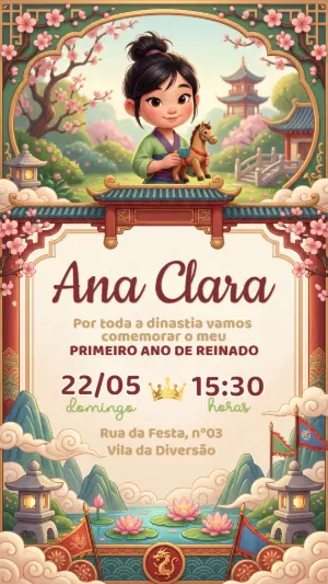 Convite de Aniversário Infantil Mulan Princesa Editável