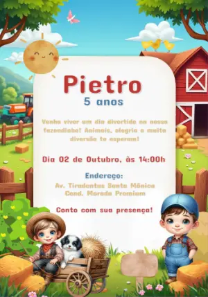 Convite de Aniversário Fazendinha com Meninos para Editar Online