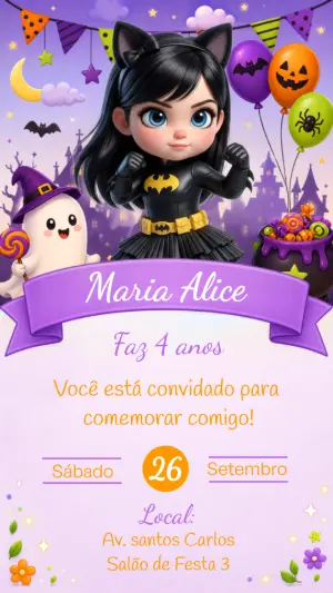 Convite de Aniversário Batgirl Halloween Editável