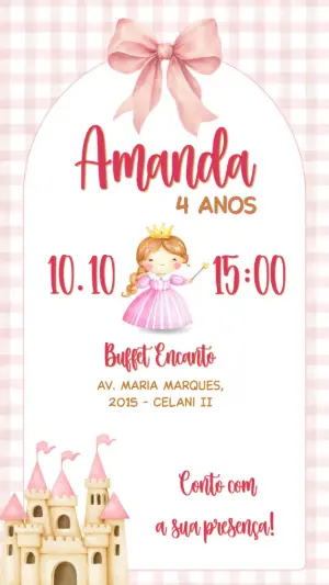 Convite de Aniversário Princesa Realeza Rosa Editável