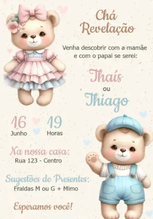 Convite Chá Revelação Ursinhos Fofos Rosa e Azul Editável