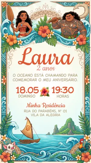 Convite de Aniversário Moana Tropical para Editar e Enviar