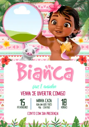 Convite de Aniversário Moana Baby Rosa Tropical para Editar