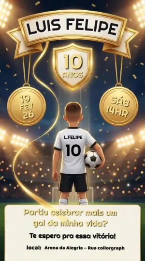 Convite de Aniversário Futebol Campeão Dourado para Editar