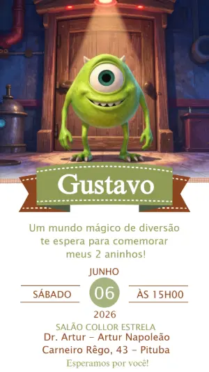 Convite de Aniversário Monstros S.A. Mike Wazowski Editável