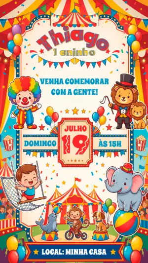 Convite de Aniversário Circo Infantil Colorido para Editar