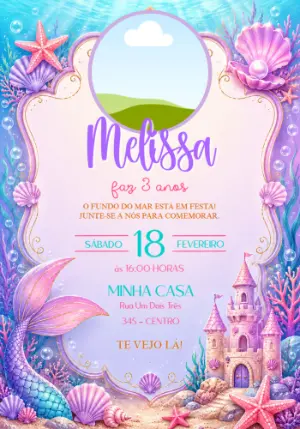 Convite de Aniversário Sereia com Foto Editável