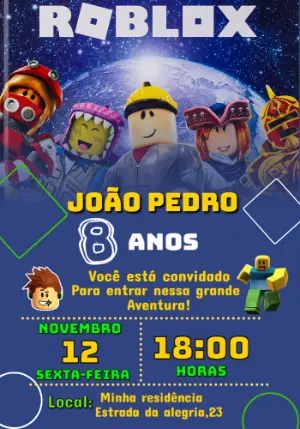 Convite de Aniversário Roblox com Personagens para Editar Online
