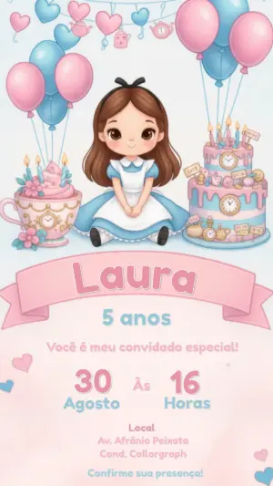 Convite de Aniversário Alice no País das Maravilhas Editável