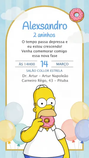 Convite de Aniversário Simpsons com Homer Donut para Editar