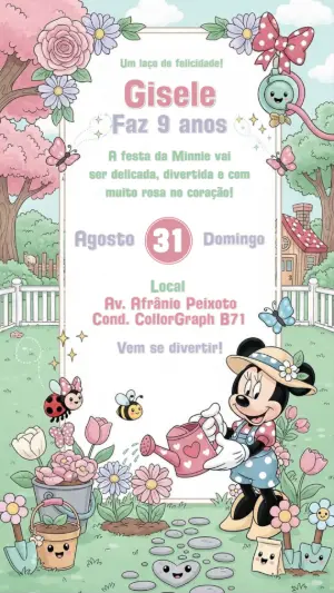Convite de Aniversário Minnie Jardim para Editar Online