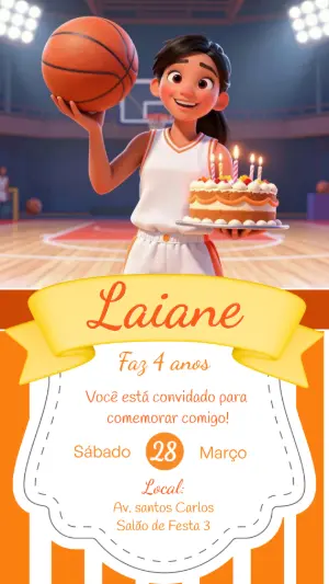 Convite de Aniversário Basquete Menina para Editar