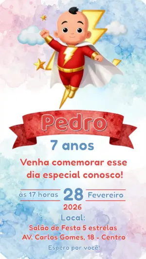 Convite de Aniversário Super-Herói Bebê Shazam para Editar