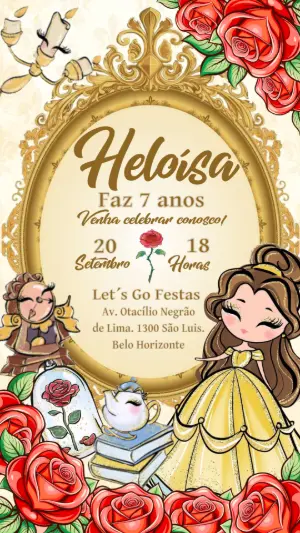 Convite de Aniversário Bela e a Fera Digital para Editar