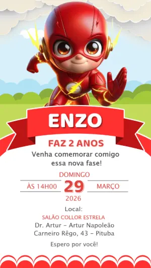 Convite Digital Aniversário Infantil Herói Flash Editável
