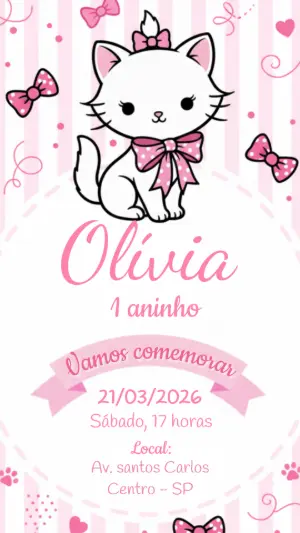 Convite Editável Aniversário Infantil Gatinha Fofa Rosa