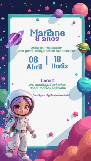 Convite Aniversário Astronauta Menina para Editar Online