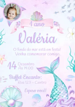 Convite Aniversário Sereia Fundo do Mar Modelo Editável com foto