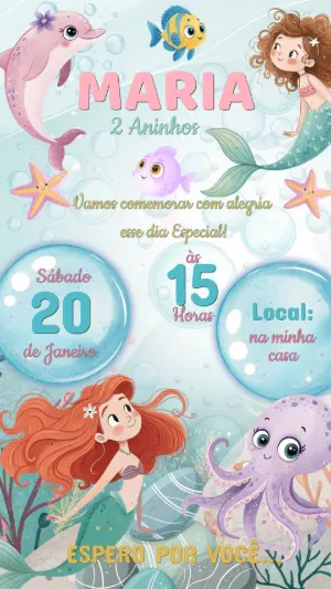 Convite Editável de Aniversário Sereia Fundo do Mar Infantil
