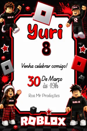 Convite de Aniversário Roblox Gamer Vermelho e Preto Editável