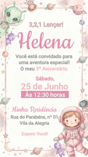Convite de Aniversário Astronauta Menina Aquarela para Editar