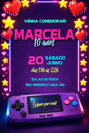 Convite de Aniversário Gamer Neon Roxo Editável