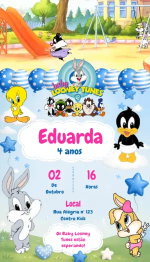 Convite Animado Aniversário Baby Looney Tunes para Editar