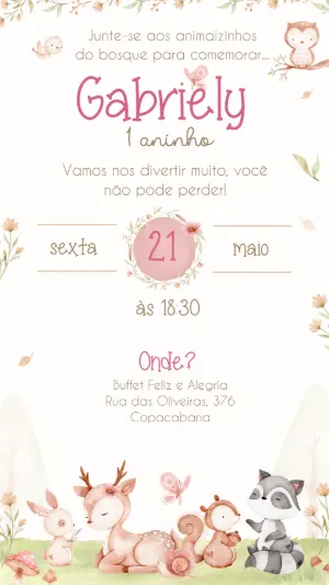 Convite de Aniversário Bosque Encantado Menina Editável