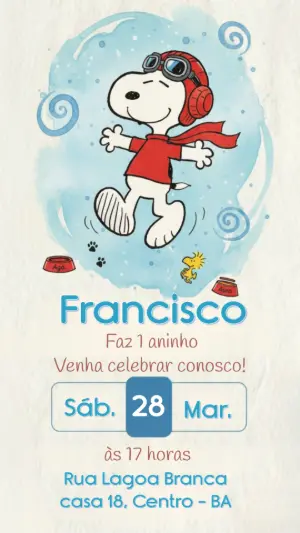Convite de Aniversário Snoopy Aviador Aquarela para Editar