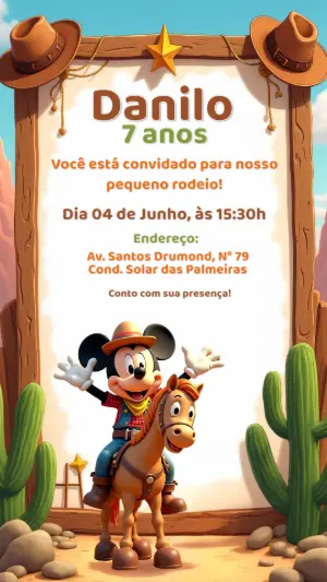 Convite Aniversário Mickey Cowboy para Editar Online