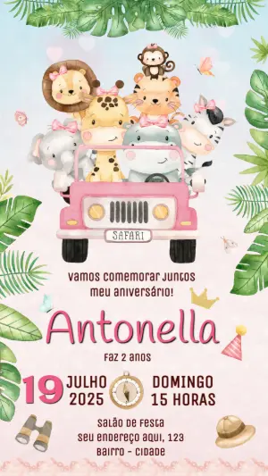 Convite Aniversário Safari Rosa com Animais para Editar Online
