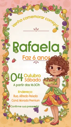 Convite Digital Aniversário Infantil Tema Frutas Editável