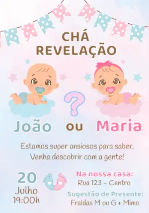 Convite Chá Revelação Bebês Rosa e Azul para Editar Online