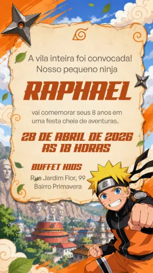 Convite de Aniversário Naruto Ninja Modelo Editável