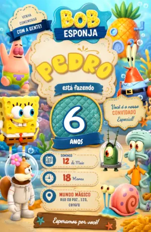 Convite Animado Bob Esponja: Vídeo Editável para Aniversário