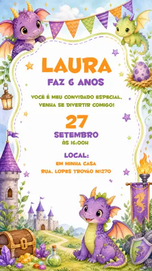 Convite de Aniversário Dragão Fofo Editável Online