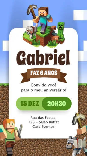 Convite de Aniversário Minecraft com Personagens para Editar
