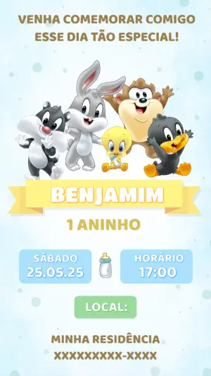 Convite de Aniversário Baby Looney Tunes para Editar Online