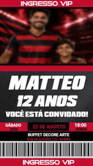 Convite Ingresso VIP Aniversário Futebol Vermelho e Preto com foto