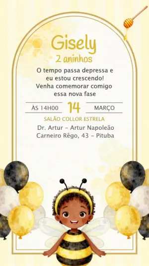 Convite de Aniversário Digital Tema Abelhinha para Editar